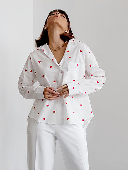 Heart Print Cotton and Linen Lapel Blouse