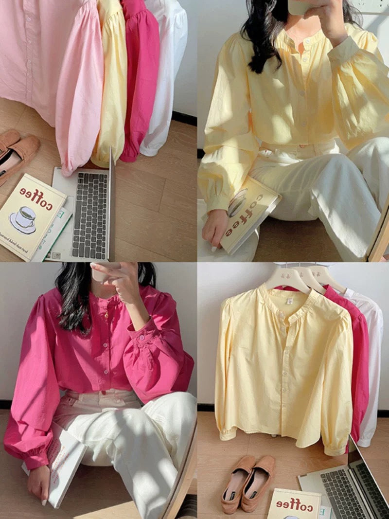 Spring and Autumn Cream Yellow Round Neck Long Sleeve Shirt