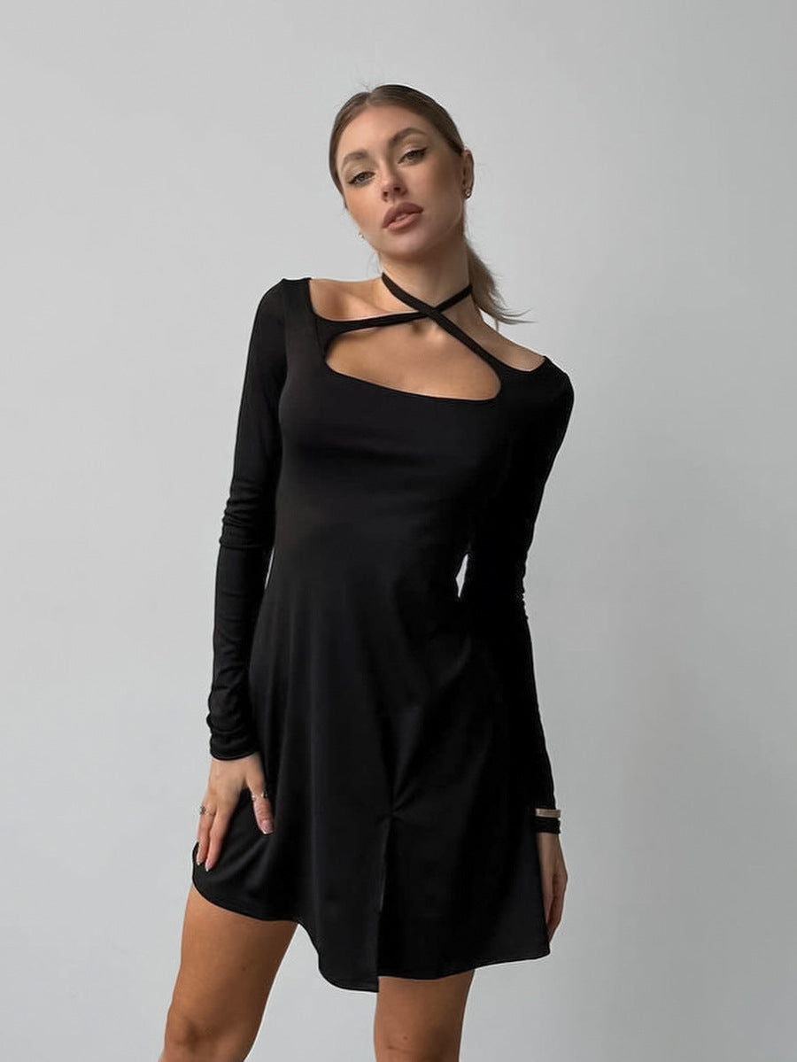 Autumn and winter black sexy slim fit knitted square neck design lace-up dress