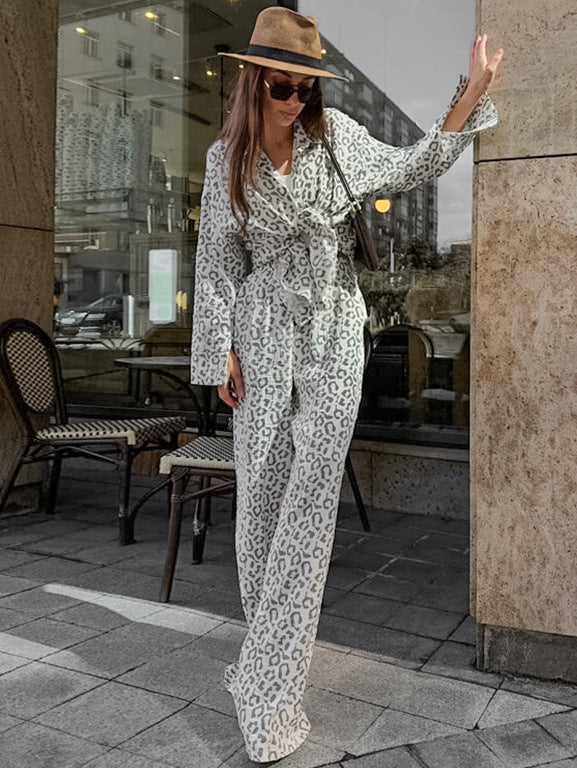 New cotton and linen crepe leopard print high waist leisure suit
