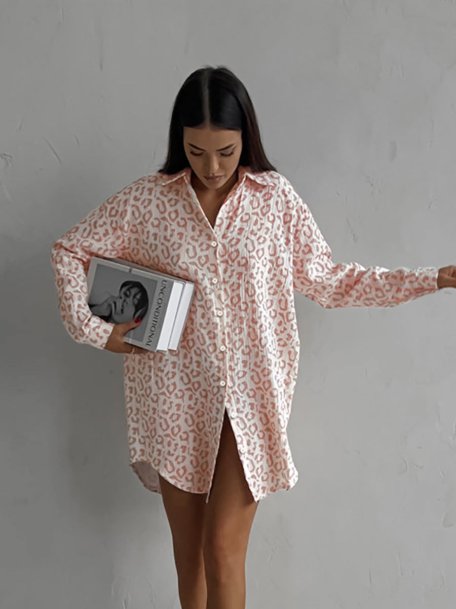 Leopard print long-sleeved shirt with tie waist