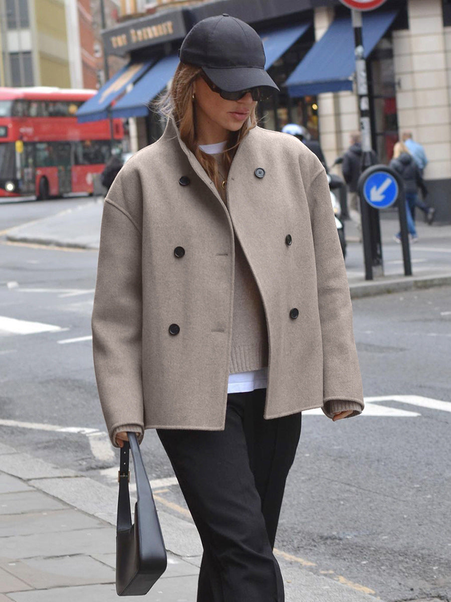 Brown French V-neck double-breasted woolen jacket