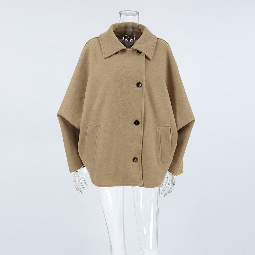 Autumn fashion high-end brown woolen lapel bat sleeve cardigan jacket