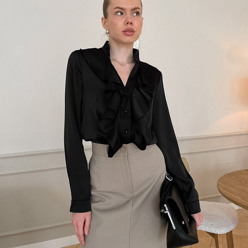 Fashionable and elegant satin long-sleeved small stand-up collar classic shirt