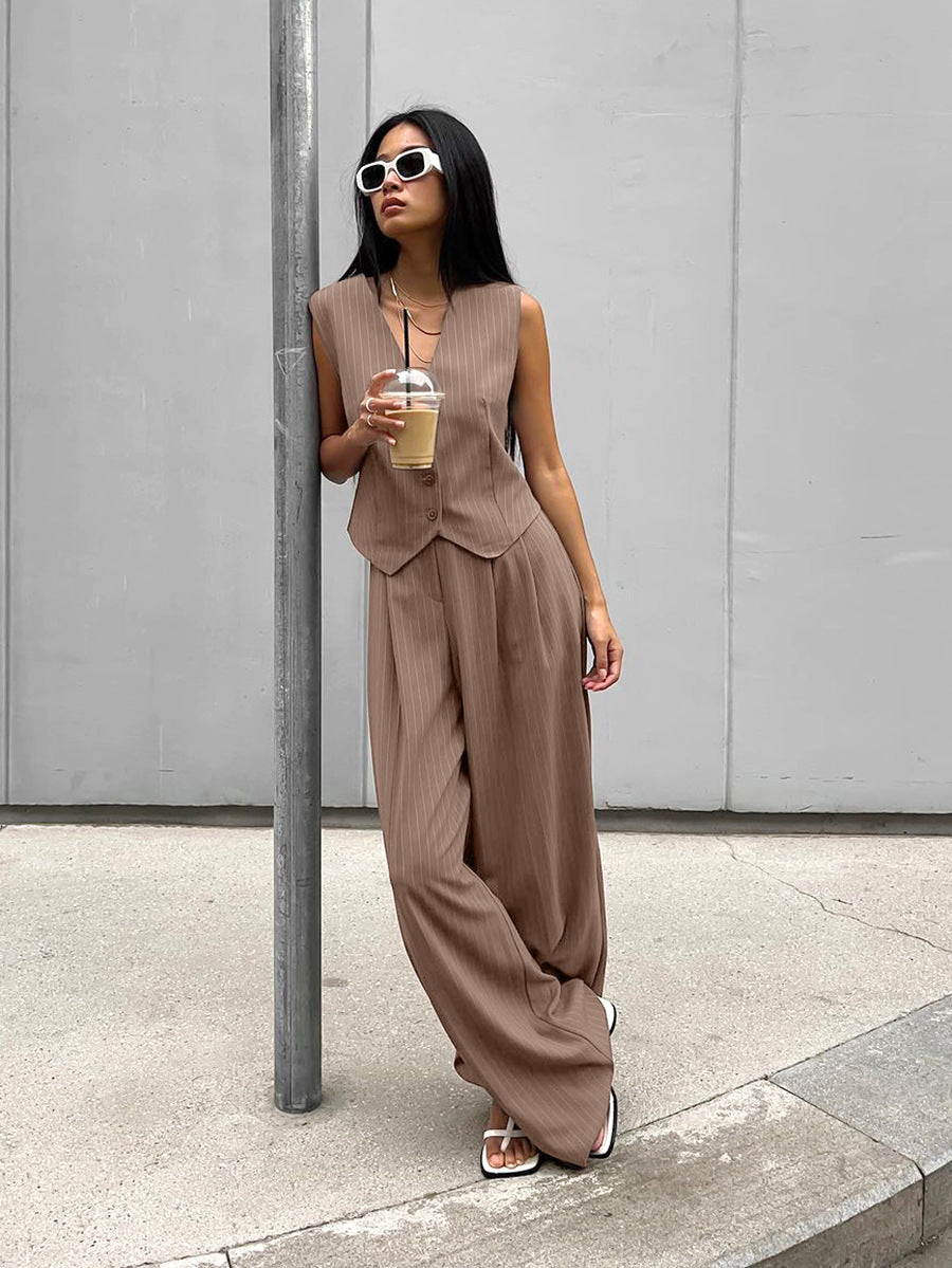 V-neck sleeveless vest mid-waist slim wide-leg pants two-piece set