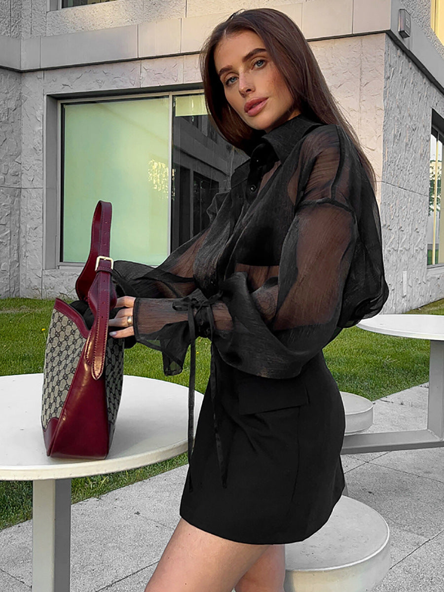Black sexy mesh lapel puff sleeve ladies shirt