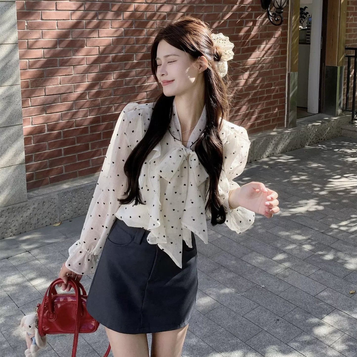 French high-end ruffled polka dot shirt
