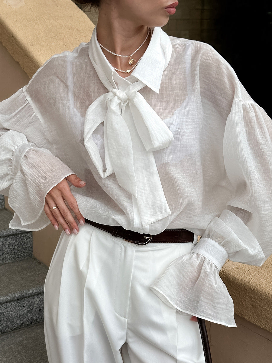Spring and summer white shirt bow shirt top