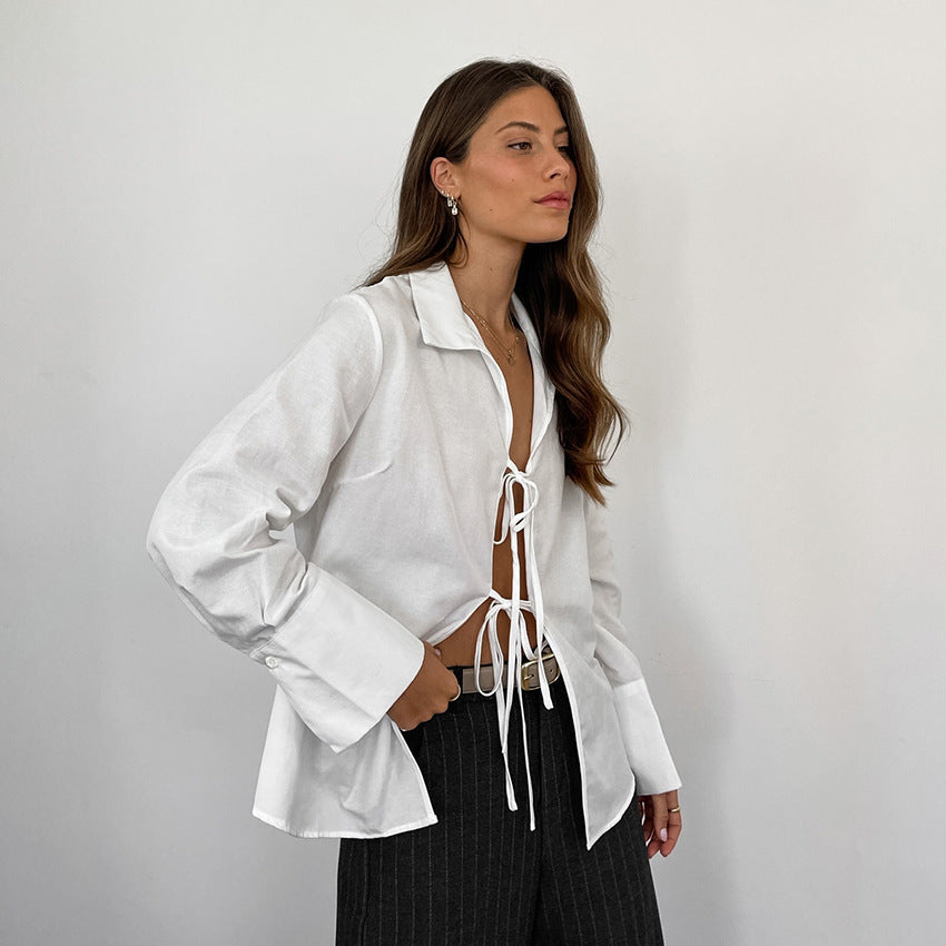 Sexy slightly transparent loose lapel long-sleeved shirt lining