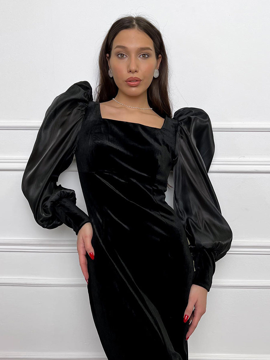 Black sexy square neck puff sleeve knitted dress