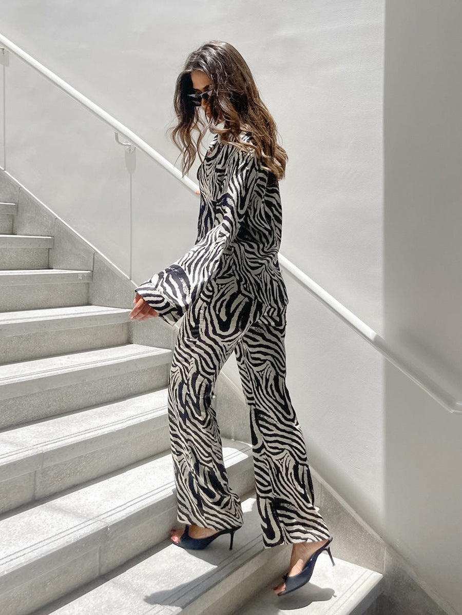 Autumn fashion zebra pattern street style casual loose long-sleeved trousers