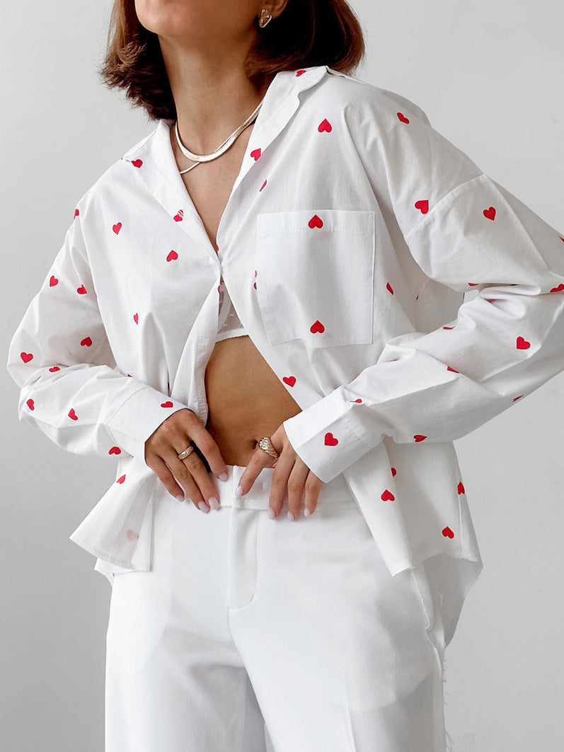 Heart Print Cotton and Linen Lapel Blouse