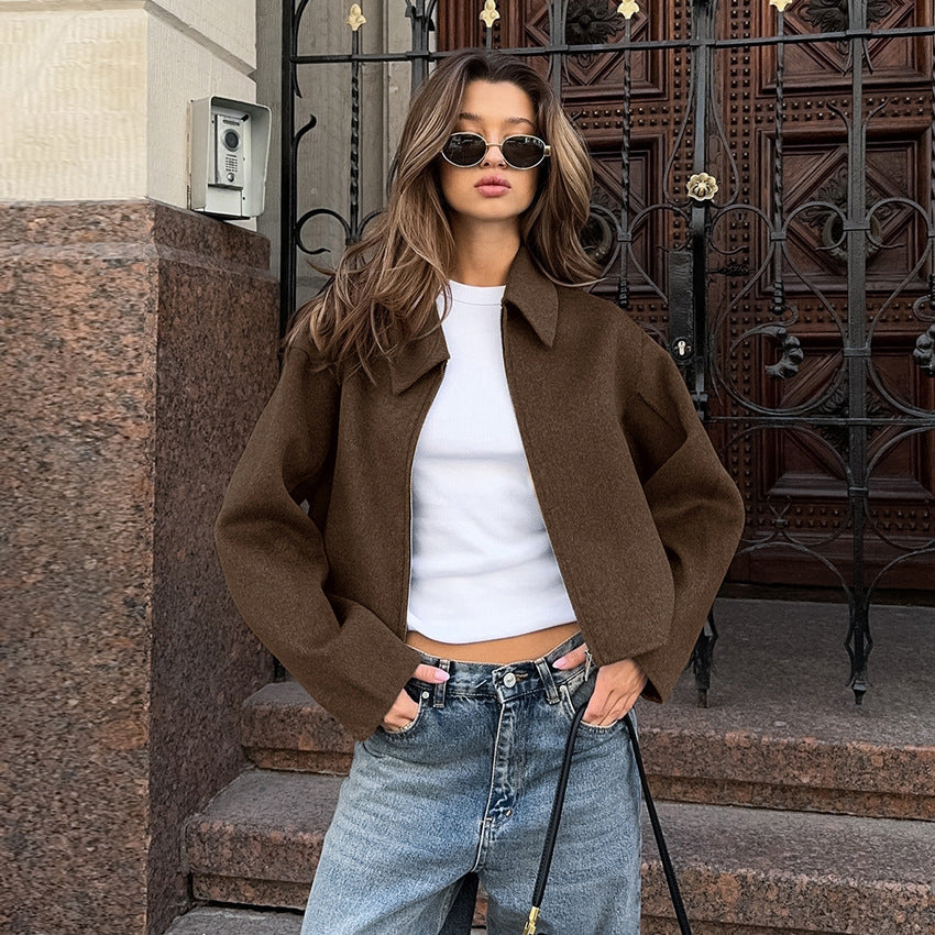 Autumn and winter new lapel long sleeved zipper woolen coat