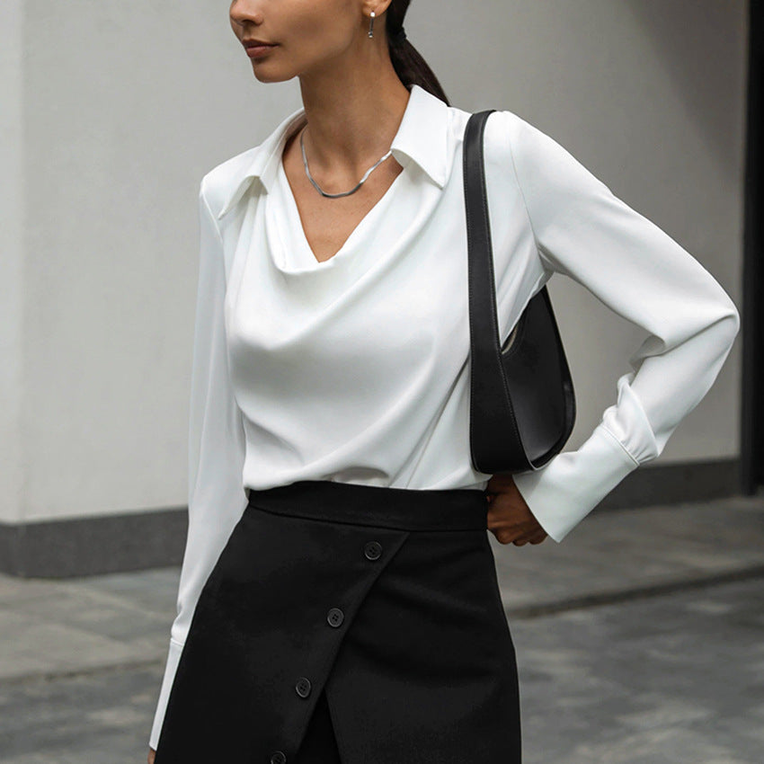 Light mature tops long sleeves women's irregular collar drape shirt