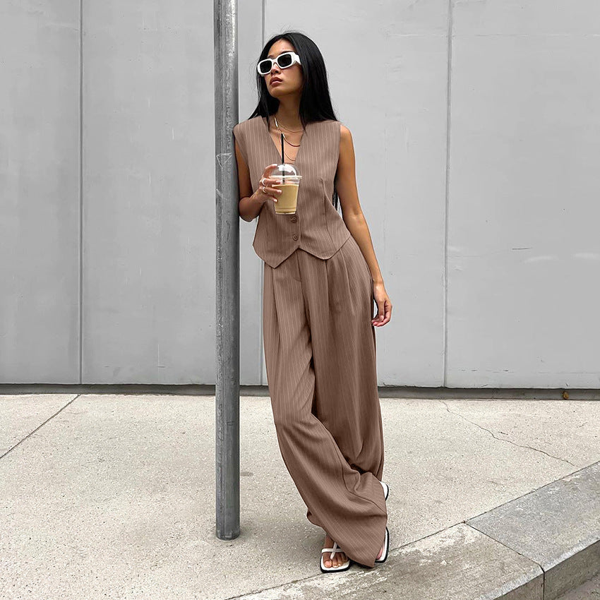 V-neck sleeveless vest mid-waist slim wide-leg pants two-piece set