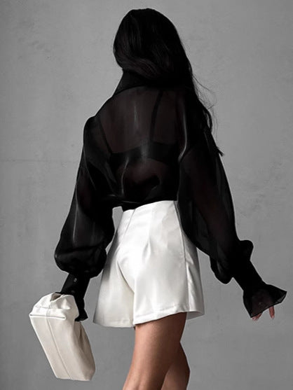 New White Lapel Sexy See-Through Gauze Shirt