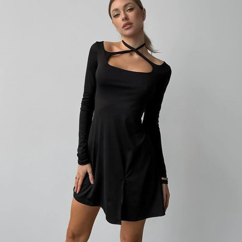 Autumn and winter black sexy slim fit knitted square neck design lace-up dress