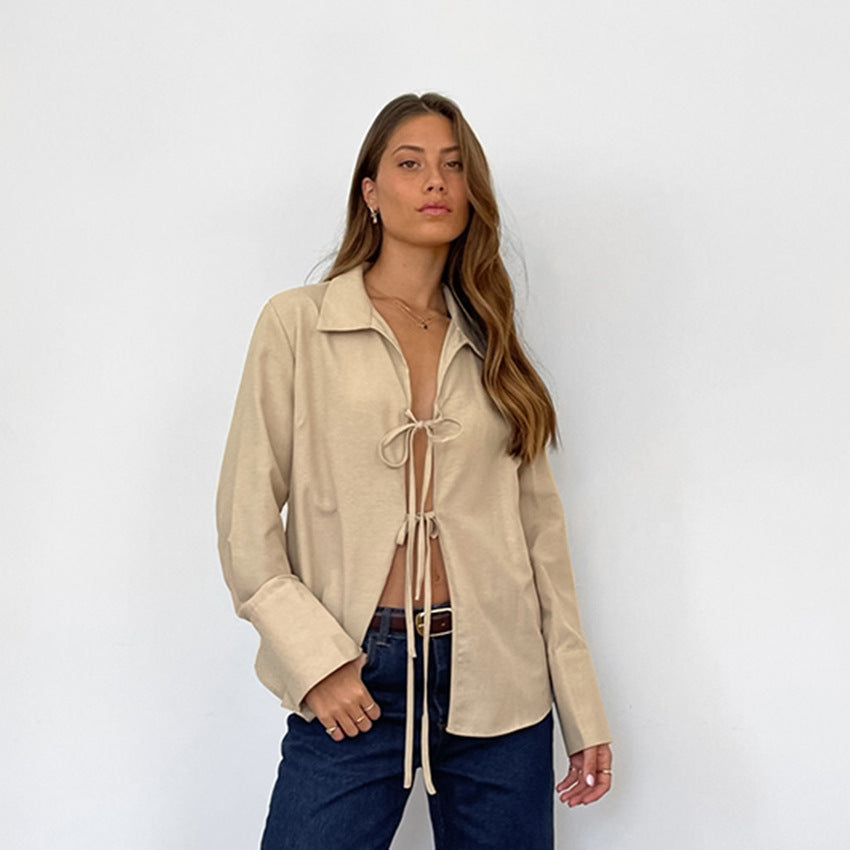 Sexy slightly transparent loose lapel long-sleeved shirt lining