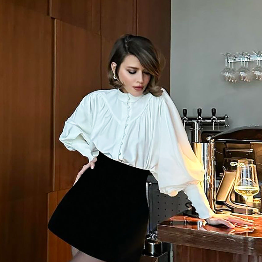 Stand collar lantern sleeve pleated commuter style women's shirt