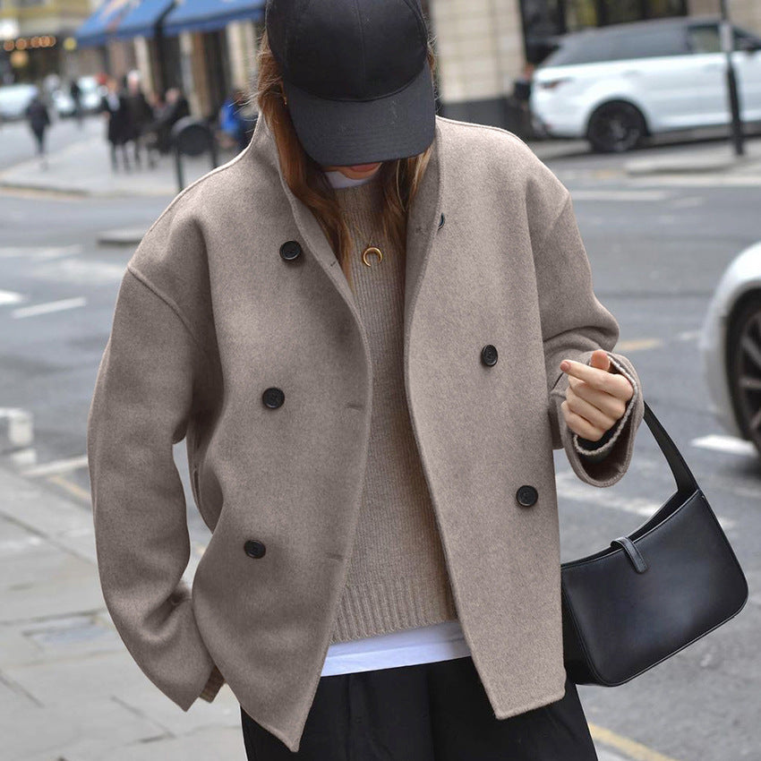 Brown French V-neck double-breasted woolen jacket