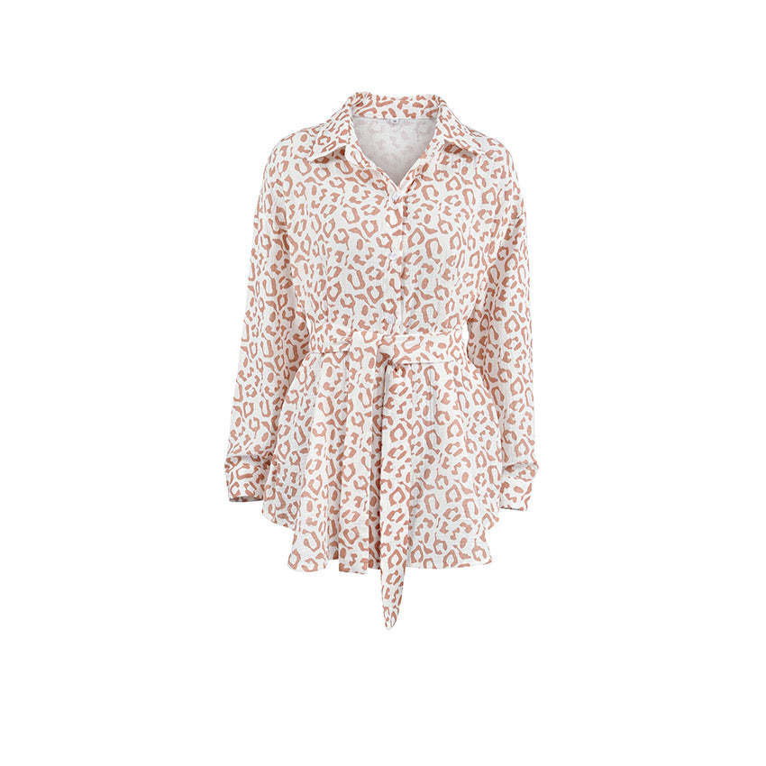 Leopard print long-sleeved shirt with tie waist