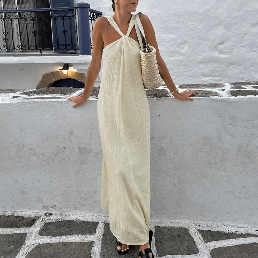 Beige Sleeveless Halter Neck Beach Casual Dress