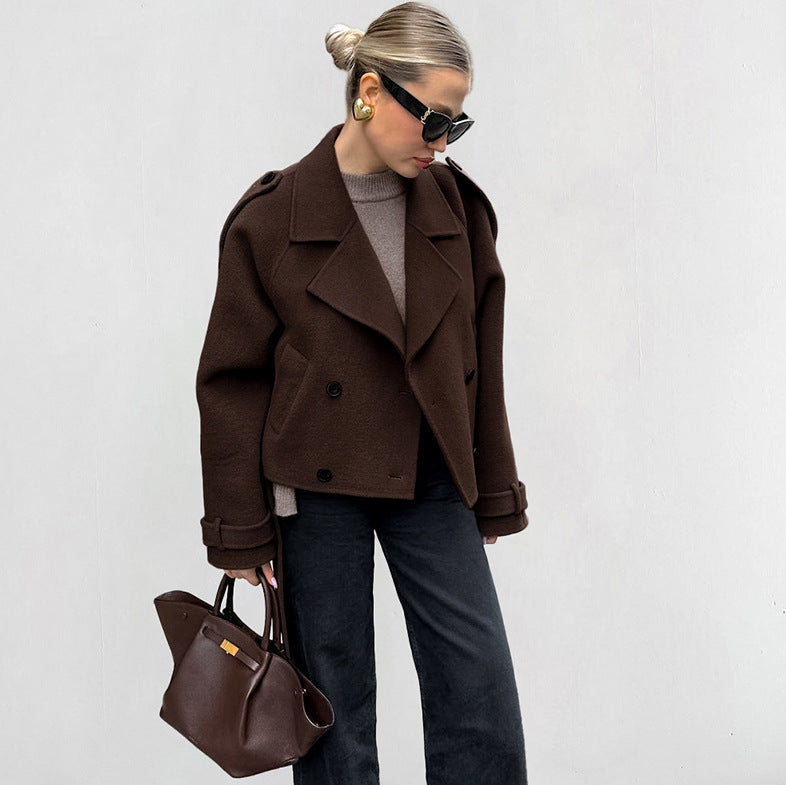 European and American autumn and winter new style lapel style double row button woolen coat