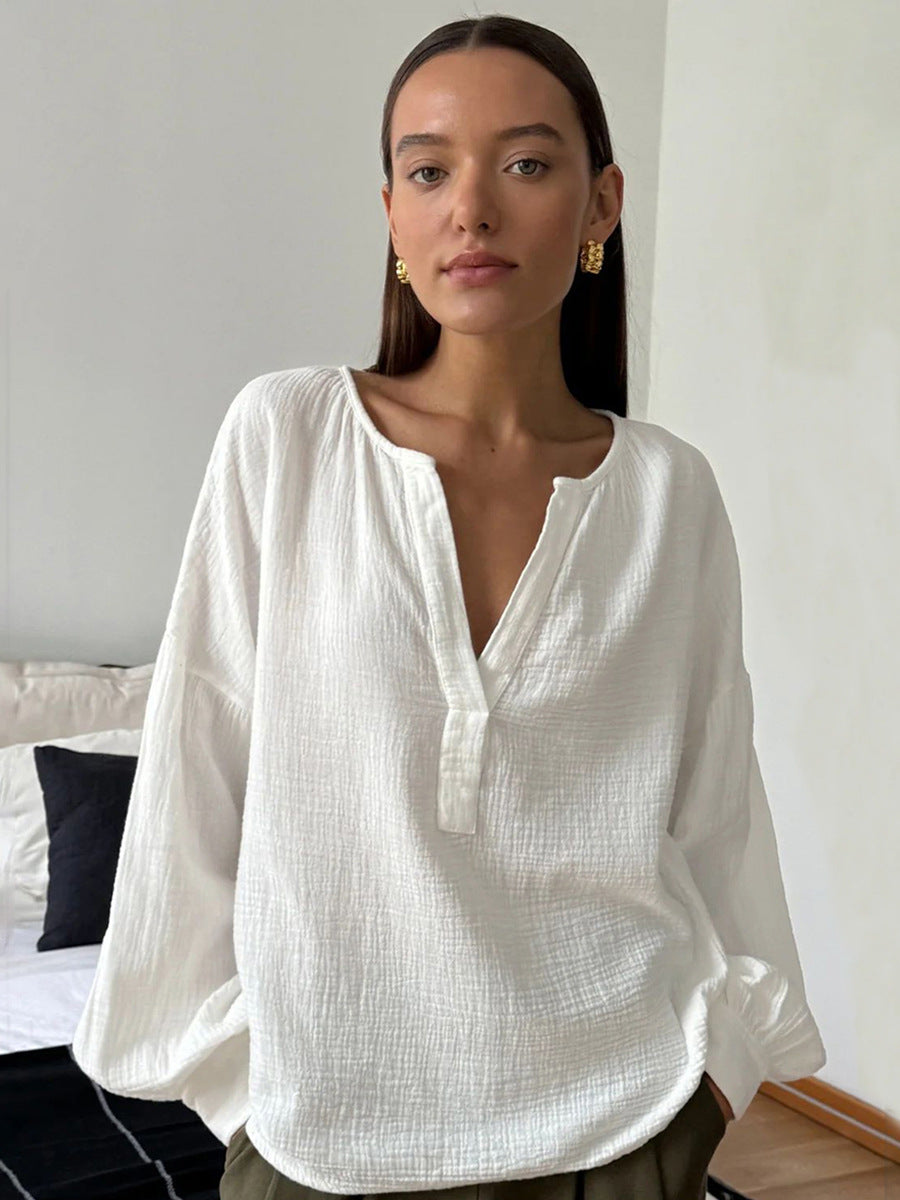 French balloon sleeve loose casual cotton crepe shirt