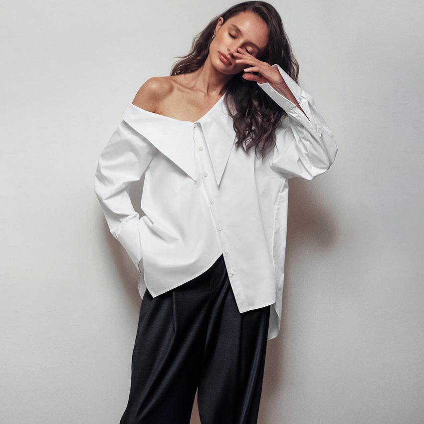 White Irregular Neck Sexy Off-the-shoulder Blouse