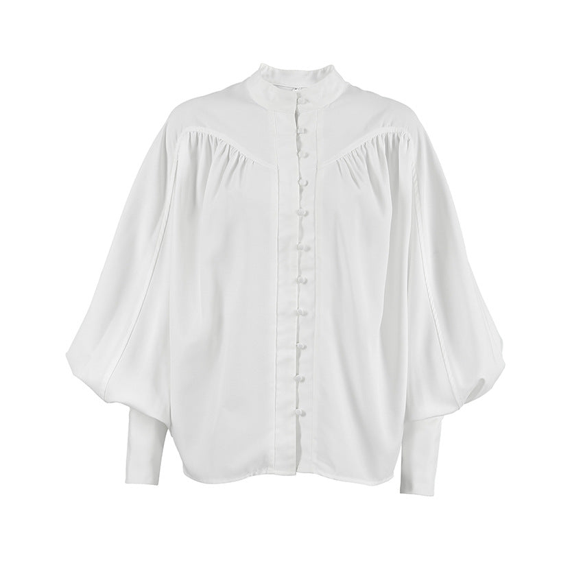 Stand collar lantern sleeve pleated commuter style women's shirt