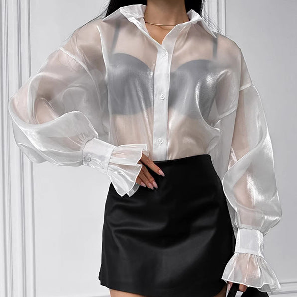 New White Lapel Sexy See-Through Gauze Shirt