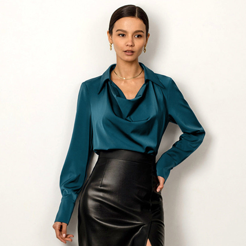 Light mature tops long sleeves women's irregular collar drape shirt