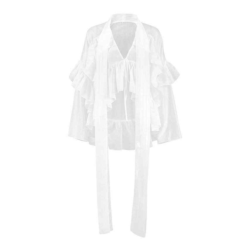 French spring and summer new style ruffled ribbon Tencel shirt