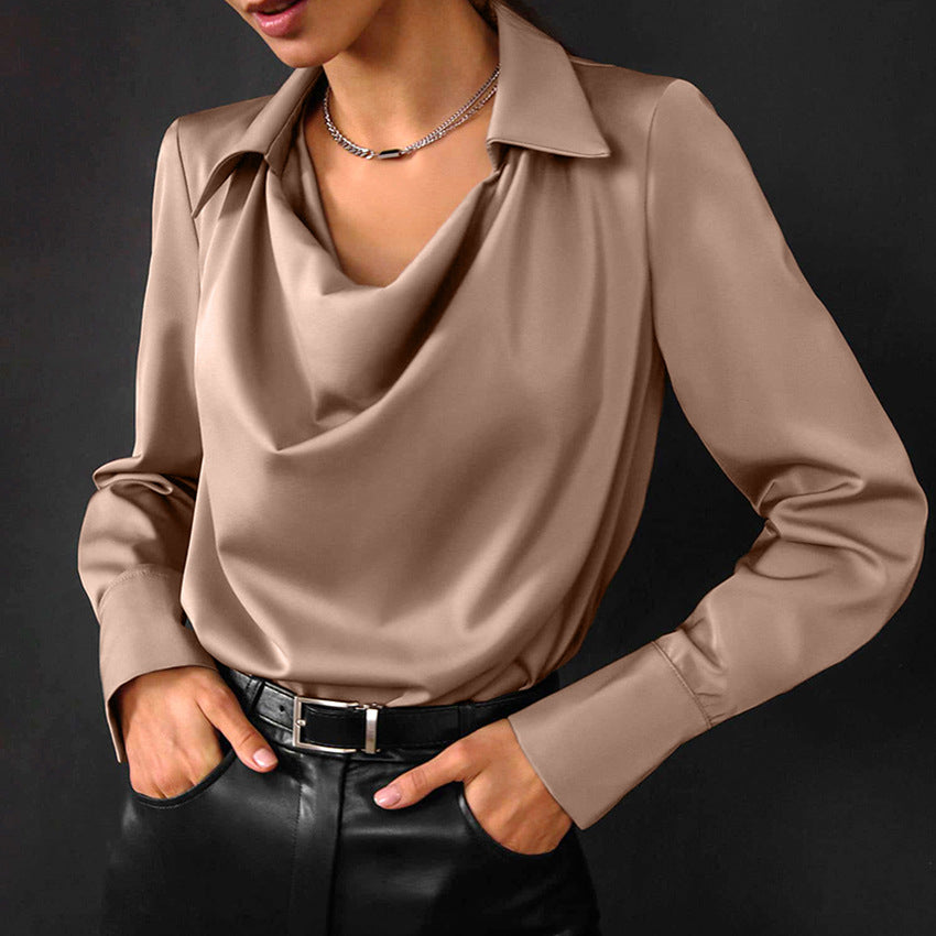 Light mature tops long sleeves women's irregular collar drape shirt