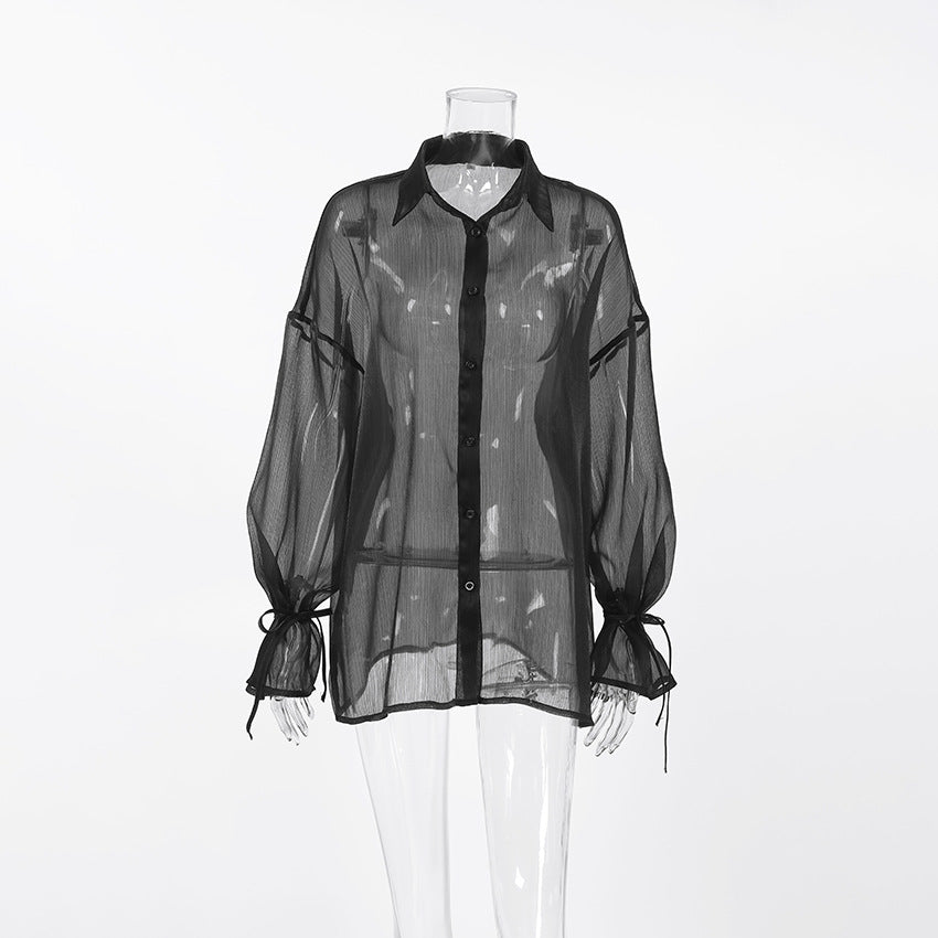Black sexy mesh lapel puff sleeve ladies shirt