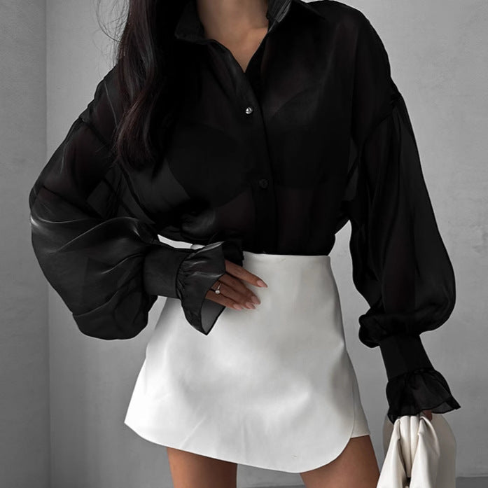 New White Lapel Sexy See-Through Gauze Shirt