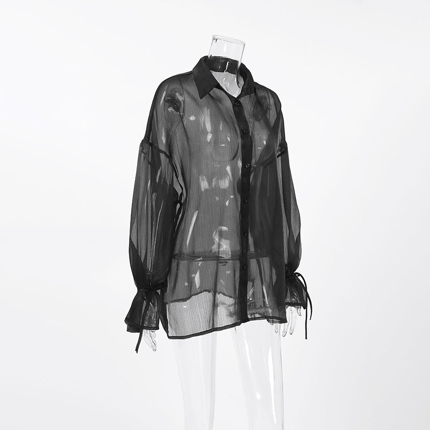 Black sexy mesh lapel puff sleeve ladies shirt