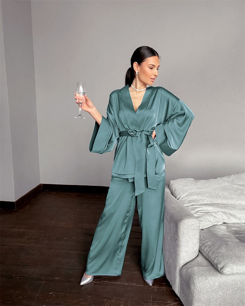 New Satin Long Sleeve Cardigan Lace-Up Nightgown