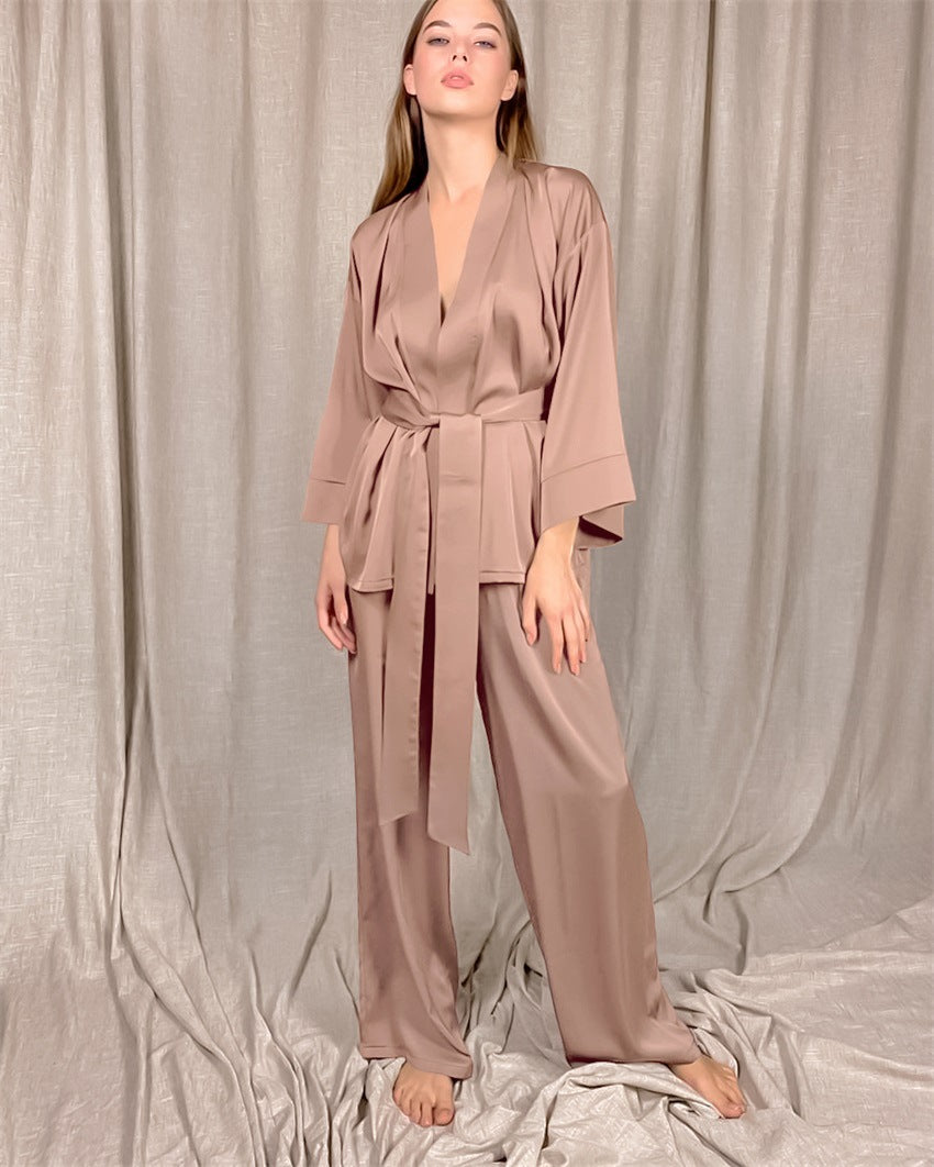 New Satin Long Sleeve Cardigan Lace-Up Nightgown